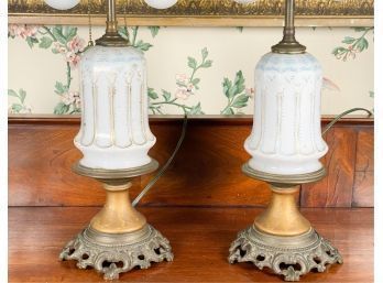 PAIR HAND PAINTED CLAM BROTH FRENCH GLASS LAMPS
