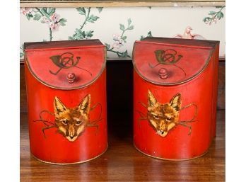 PAIR OF FOX & HORN PAINTED TINS