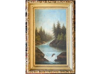 VICTORIAN OIL ON CANVAS 'WATERFALL IN THE WOOD'