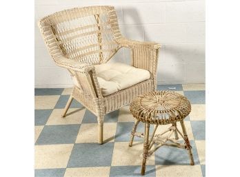 MARRIED VICTORIAN WICKER CHAIR & END TABLE