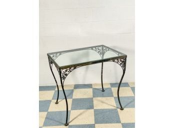 WROUGHT IRON GLASS TOP PATIO TABLE w CABRIOLE LEGS