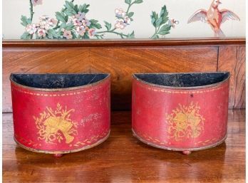 PAIR OF PAINT DECORATED FOOTED TIN CONTAINERS
