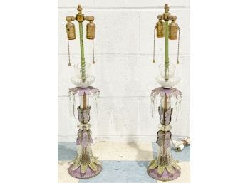 PAIR VENETIAN GLASS & PUNCHED TIN PRISM LAMPS