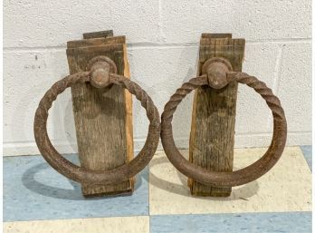 PAIR ANTIQUE WROUGHT IRON RING FORM DOOR KNOCKERS