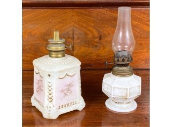 (1) MILK GLASS & (1) PAINT DECORATED OIL LAMPS