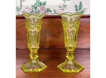 PAIR EARLY CANARY YELLOW SANDWICH GLASS TRUMPET VASES