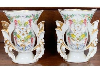 PAIR HAND PAINTED PORCELAIN VASES w APPLIED FLORAL