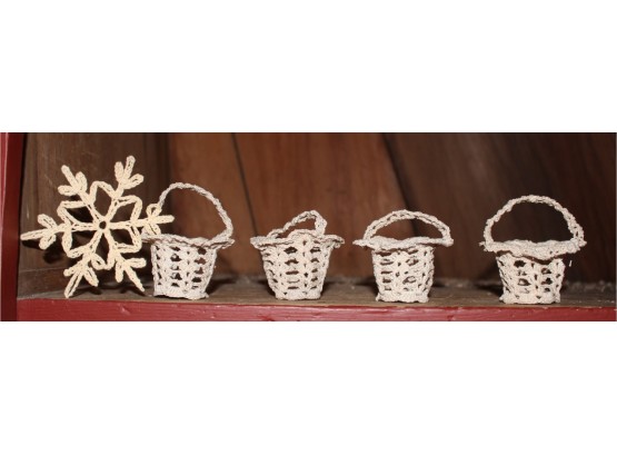 (5) String Christmas Ornaments Baskets & Snowflake