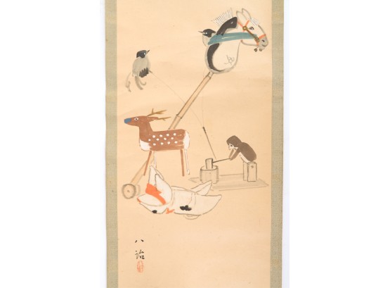 ASIAN SCROLL hand PAINTED with BIRDS and TOYS