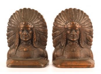 BRONZED CAST IRON NATIVE AMERICAN INDIAN BOOKENDS