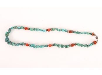 TURQUOISE, CORAL and SILVER NECKLACE
