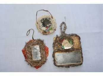 (3) Antique Mirror and Tinsel Christmas Ornaments