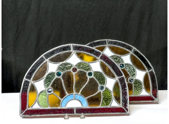 PAIR OF DEMI LUNE LEADED GLASS WINDOWS
