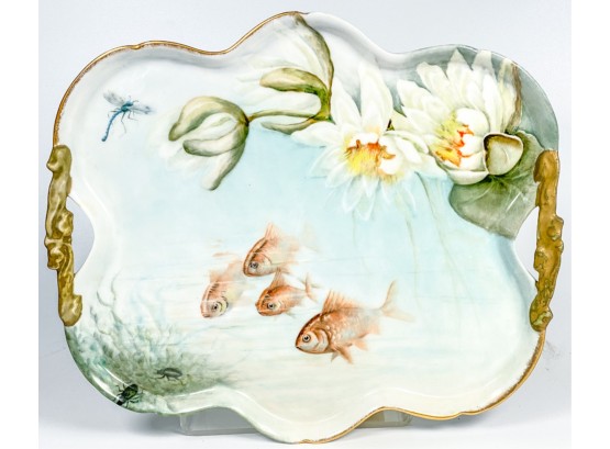 1896 ARTIST SIGNED LIMOGES TRAY W FISH & DRAGONFLY