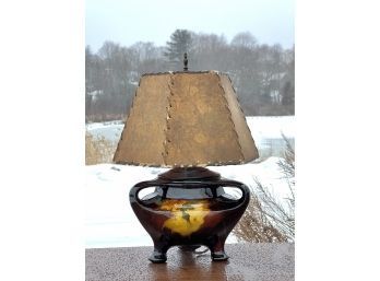 SIGNED WELLER POTTERY LAMP W MICA SHADE