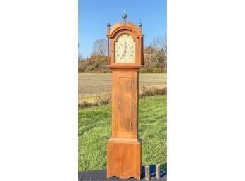 PINE TALL CASE CLOCK w WOODEN WORKS & PAINTED DIAL