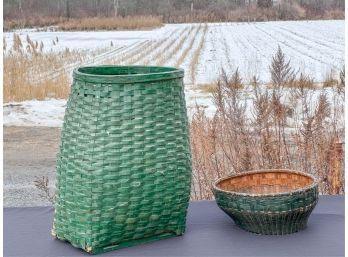 (2) ANTIQUE WOVEN BASKETS in GREEN PAINT
