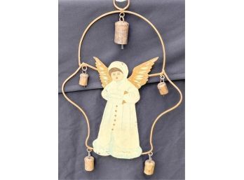 ANTIQUE PAINTED TIN ANGEL & BELL WALL HANGING