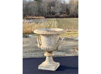 ANTIQUE CAST IRON HANDLED URN IN WHITE PAINT