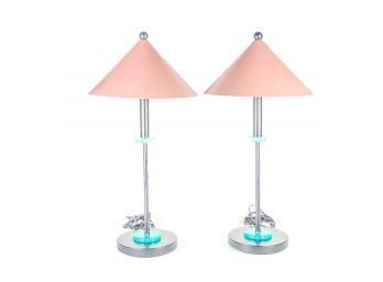 PAIR MID CENTURY STYLE TABLE LAMPS w PINK SHADES