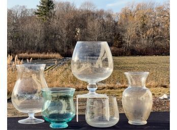 GROUP (5) VASES w OVERSIZED LIQUOR GLASSES