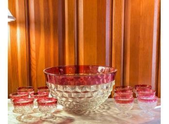 INDIANA GLASS CO PUNCH BOWL SET w RUBY BORDER