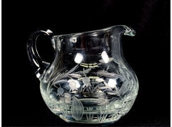 HAND BLOWN CREAMER w ETCHED FLORAL DECORATION