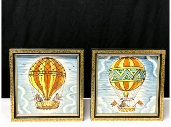 PAIR SIGNED HAND PAINTED HOT AIR BALLOON TILES