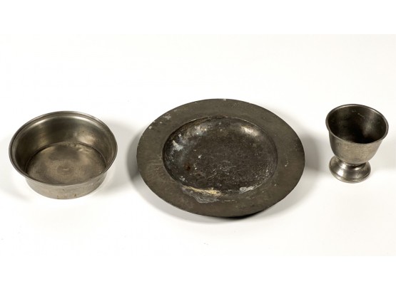 SMALL PEWTER PLATE, BOWL and CUP