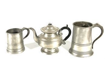 PEWTER QUART and PINT MUGS TOGETHER with a TEAPOT
