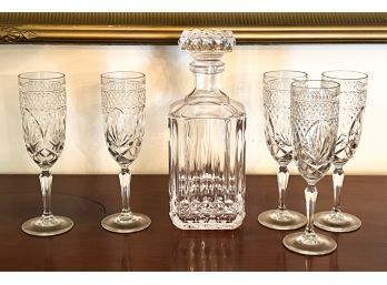 CRYSTAL DECANTER & (5) CRYSTAL CHAMPAGNES