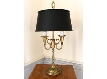 BRASS (2) LIGHT TABLE LAMP with PAINTED METAL SHAD