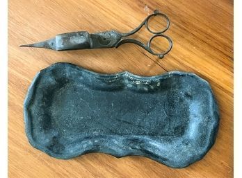 PAIR OF EARLY WICK TRIMMERS and TOLE TRAY