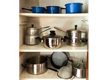 (3) SHELVES OF POTS AND PANS