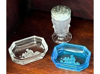 (2) ENTAGLIO GLASS SALTS and a FIGURAL SHAKER