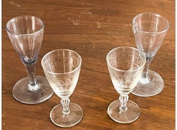 PAIR OF ETCHED GLASS CORDIALS and (2) OTHERS