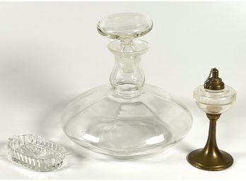 GLASS SHIP'S DECANTER, TRAY and MINIATURE LAMP