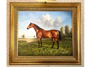 HORSE STANDING IN A FIELD SIGNED OIL ON CANVAS