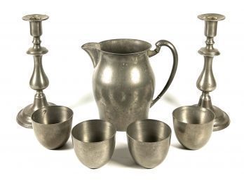 PEWTER PITCHER, (4) CUPS & PAIR of CANDLESTICKS