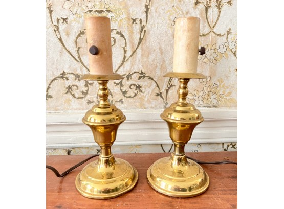PAIR BRASS CANDLESTICK TABLE LAMPS