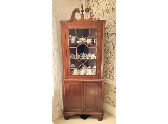 VINTAGE CORNER CABINET W/ INLAY, FLAME FINIAL