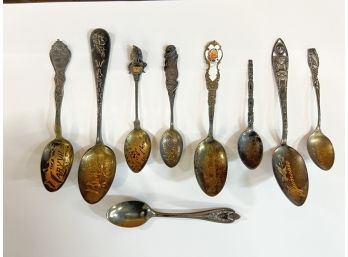 (8) STERLING SILVER SOUVENIR SPOONS W/ (1) SILVER PLATED