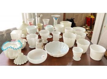 LARGE COLLECTION MILK GLASS ITEMS