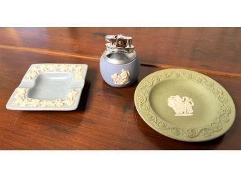 WEDGWOOD LIGHTER, ASH TRAY AND PLATE