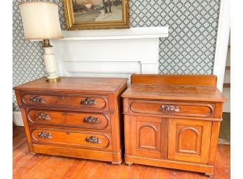 VICTORIAN (3) DRAWER DRESSER, COMMODE, AND LAMP