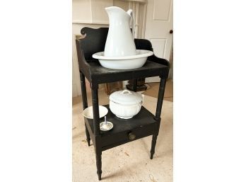 PAINTED WASH STAND W/ PITCHER, BASIN, CHAMBER POT
