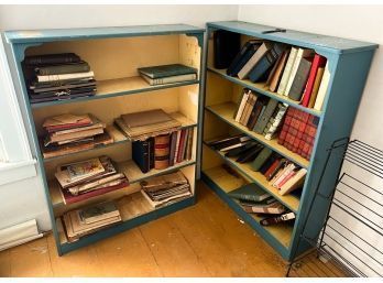 (2) BLUE PAINTED BOOKCASES W/ BOOKS