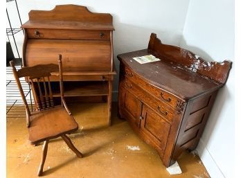 DIMINUTIVE ROLL TOP DESK W/ CHAIR AND COMMODE