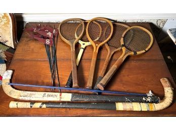 VINTAGE SPORTING GOODS LOT W/ CANE