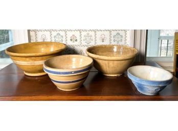 (3) ANTIQUE YELLOWWARE BOWLS W/ BLUE AND WHITE